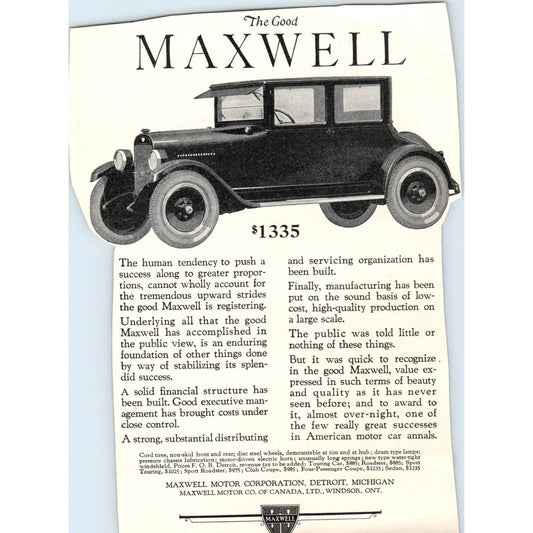 c1920 Harper's Magazine Ad The Good Maxwell Motor Car Corporation Detroit TF6-1