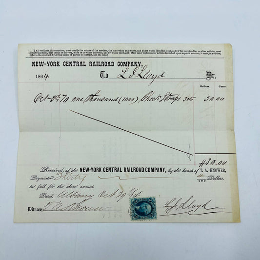 1864 New York Central Railroad RR Inspection Voucher Revenue Stamp LJ Lloyd AA5