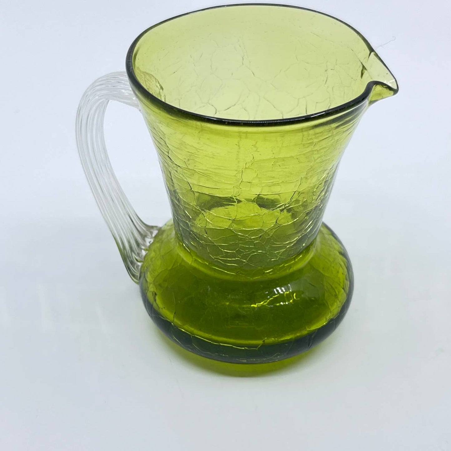 Vintage Pilgrim Crackle Glass Pitcher Avocado Green 5" Hand Blown TE5