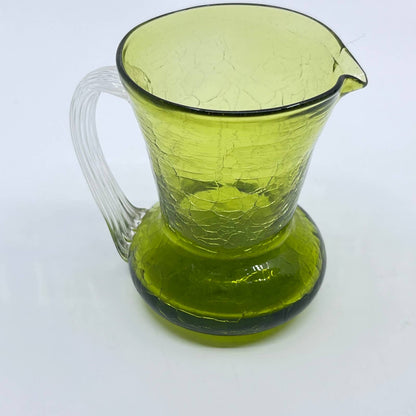 Vintage Pilgrim Crackle Glass Pitcher Avocado Green 5" Hand Blown TE5