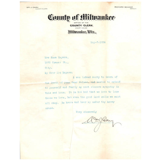 1924 Letter from Milwaukee County Clerk WM J. Cary & Shorewood to Emma Myers SE4