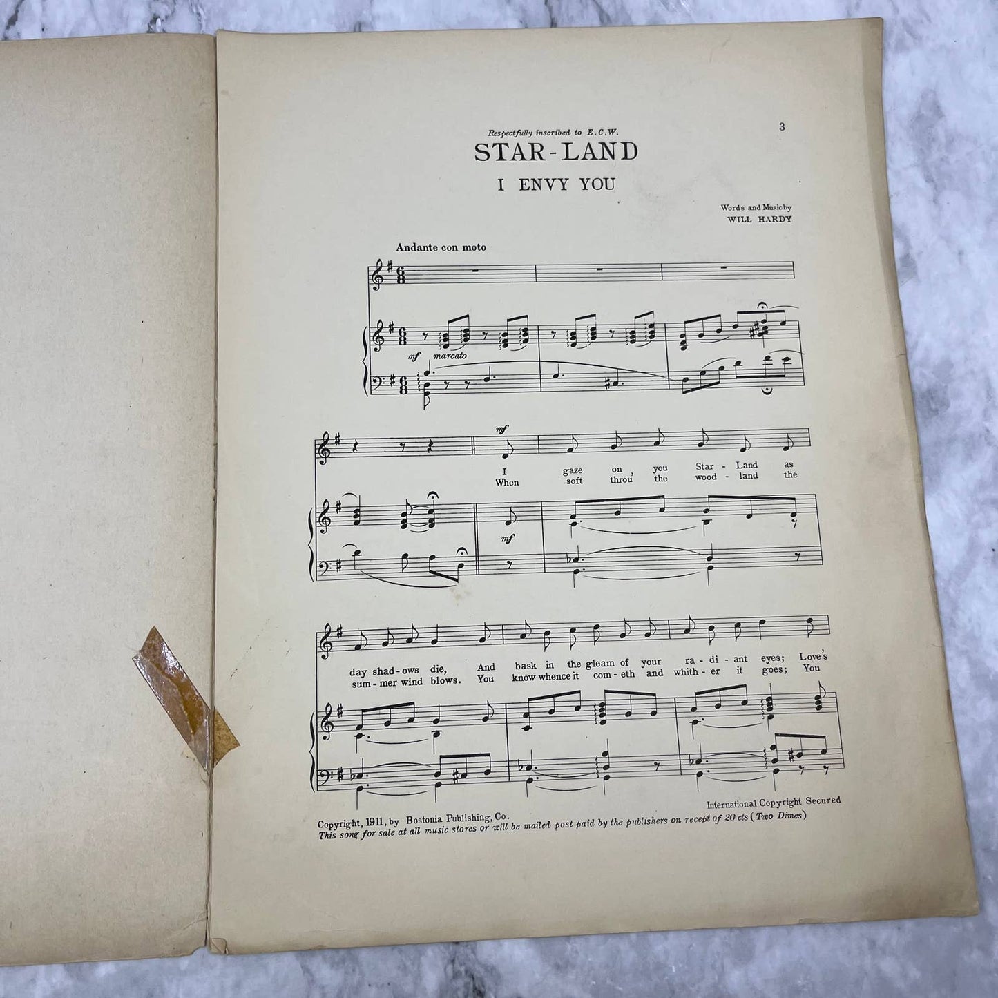 1911 STAR LAND (I Envy You) Antique Sheet Music Will Hardy A Refined Ballad TH1