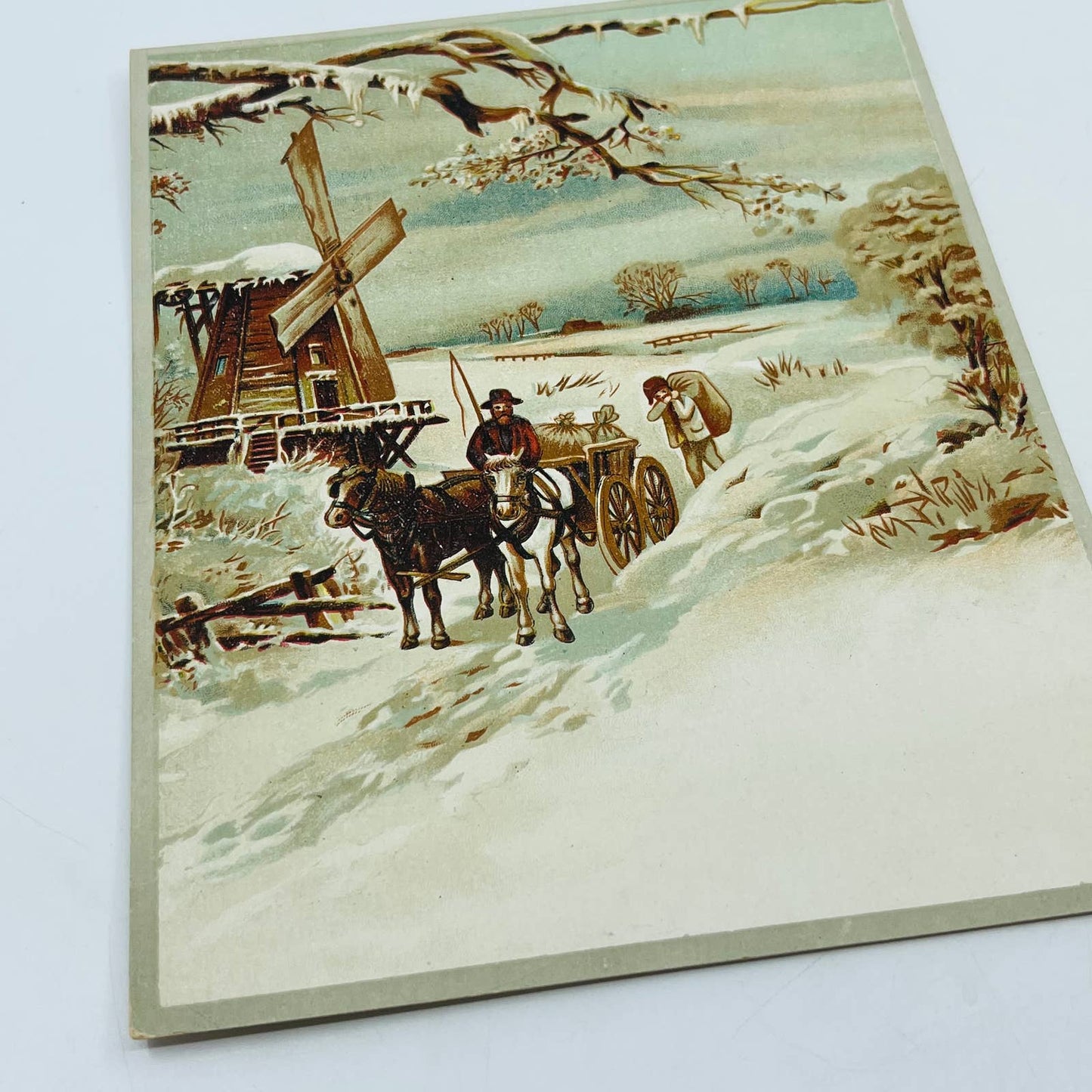 Victorian 1880s Lithograph Card Winter Scene Horse Drawn Cart Windmill 9x7 AA3