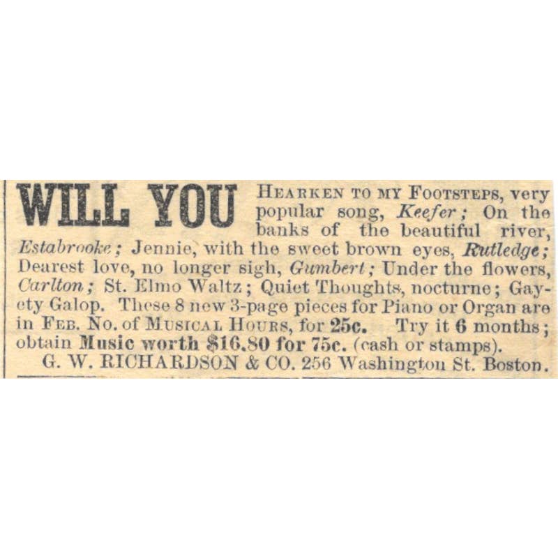 Sheet Music G.W. Richardson & Co Boston - Ad 1878 Original TJ7-L2-3