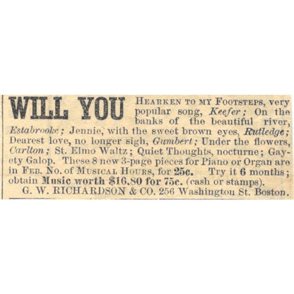 Sheet Music G.W. Richardson & Co Boston - Ad 1878 Original TJ7-L2-3