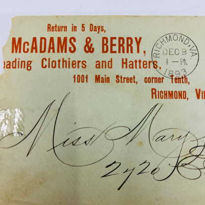 1893 Posted Envelope McAdams & Berry Clothiers Mary E. Booker Richmond VA AA5