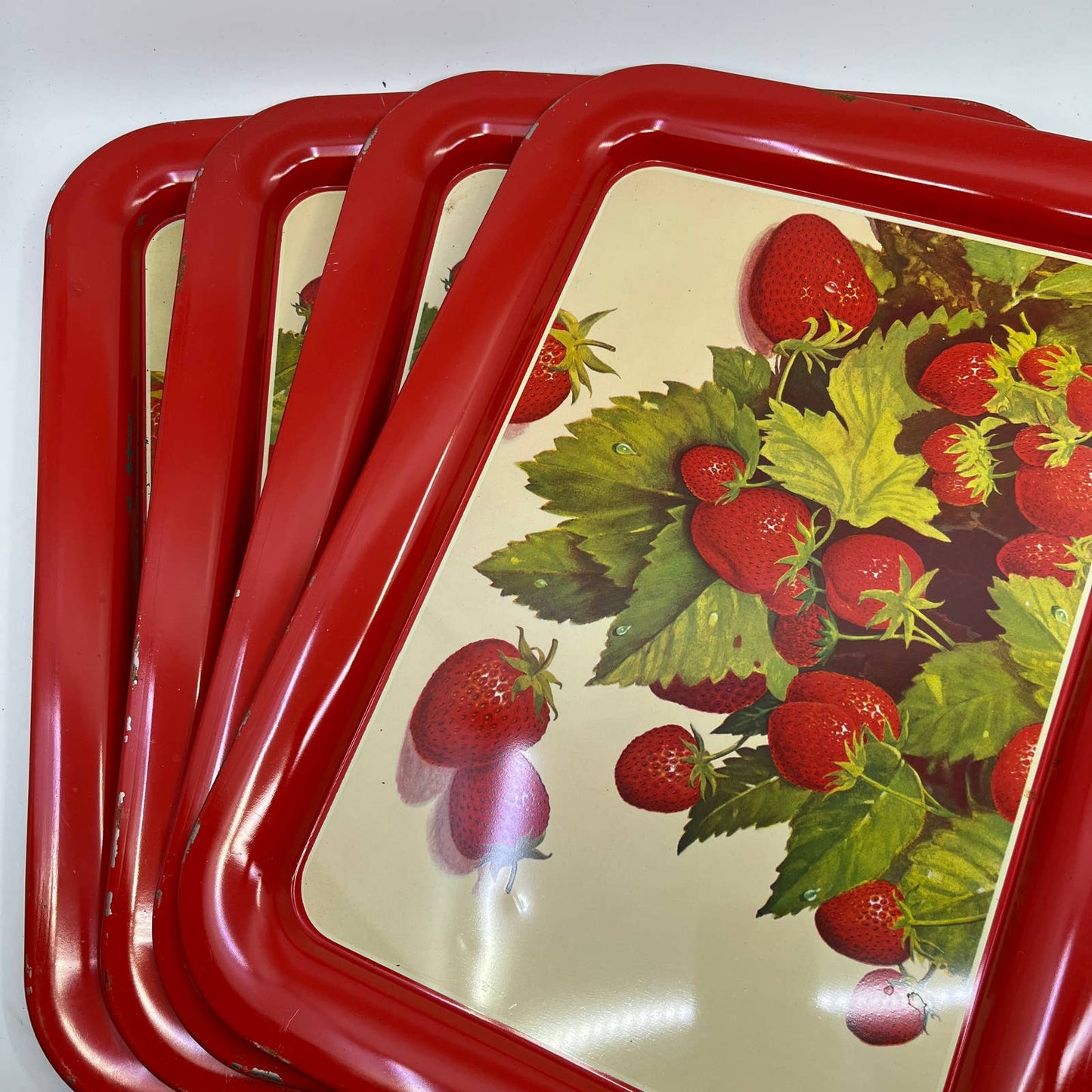 1940s Toleware Tin Enamel Strawberry Dinner Tray Set OF 4 - 17.5 x 13 TH2-2