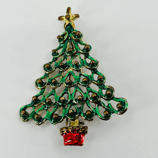 Vintage Enamel Christmas Tree With Star Pin Brooch Gold Tone SB2