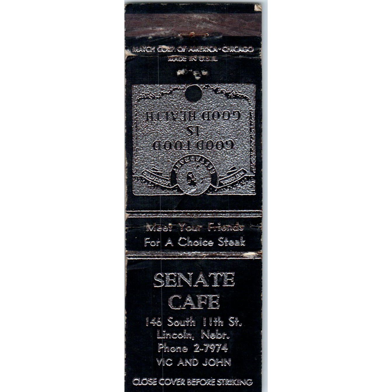 Senate Cafe Lincoln Nebraska Advertising Matchbook Cover SA9-M10