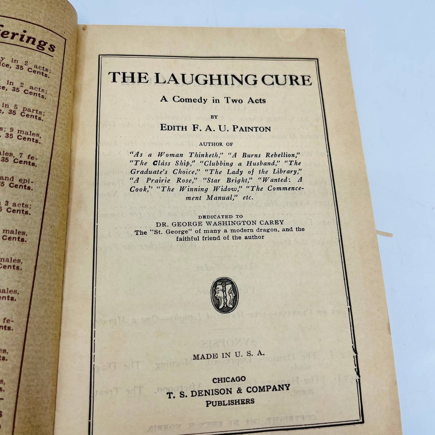 Denisons Select Plays The Laughing Cure Edith F.A.U Painton 1916 Antique Book C5
