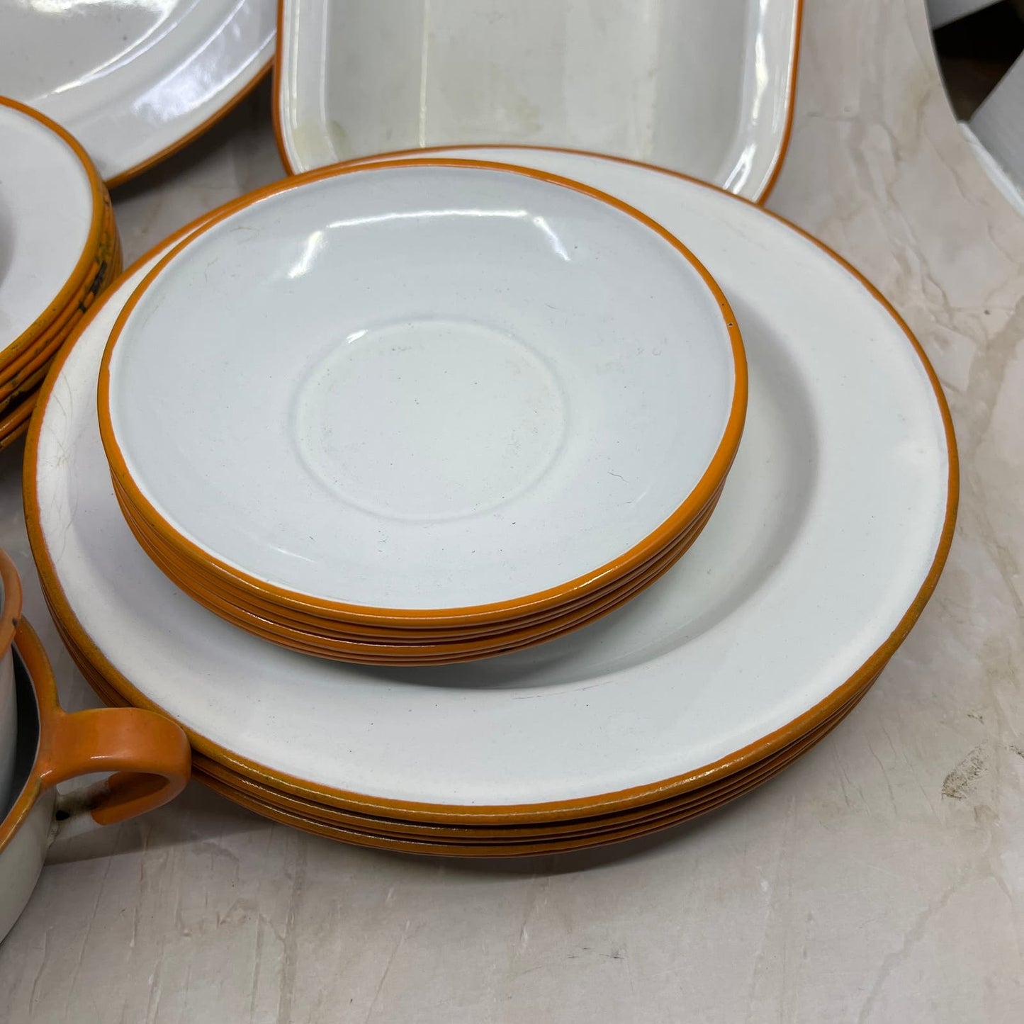 Vintage Enamelware 6 Place Setting Full Set White Orange Trim Bowls Plates Cups
