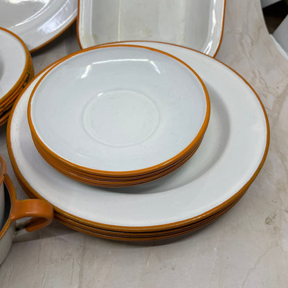 Vintage Enamelware 6 Place Setting Full Set White Orange Trim Bowls Plates Cups