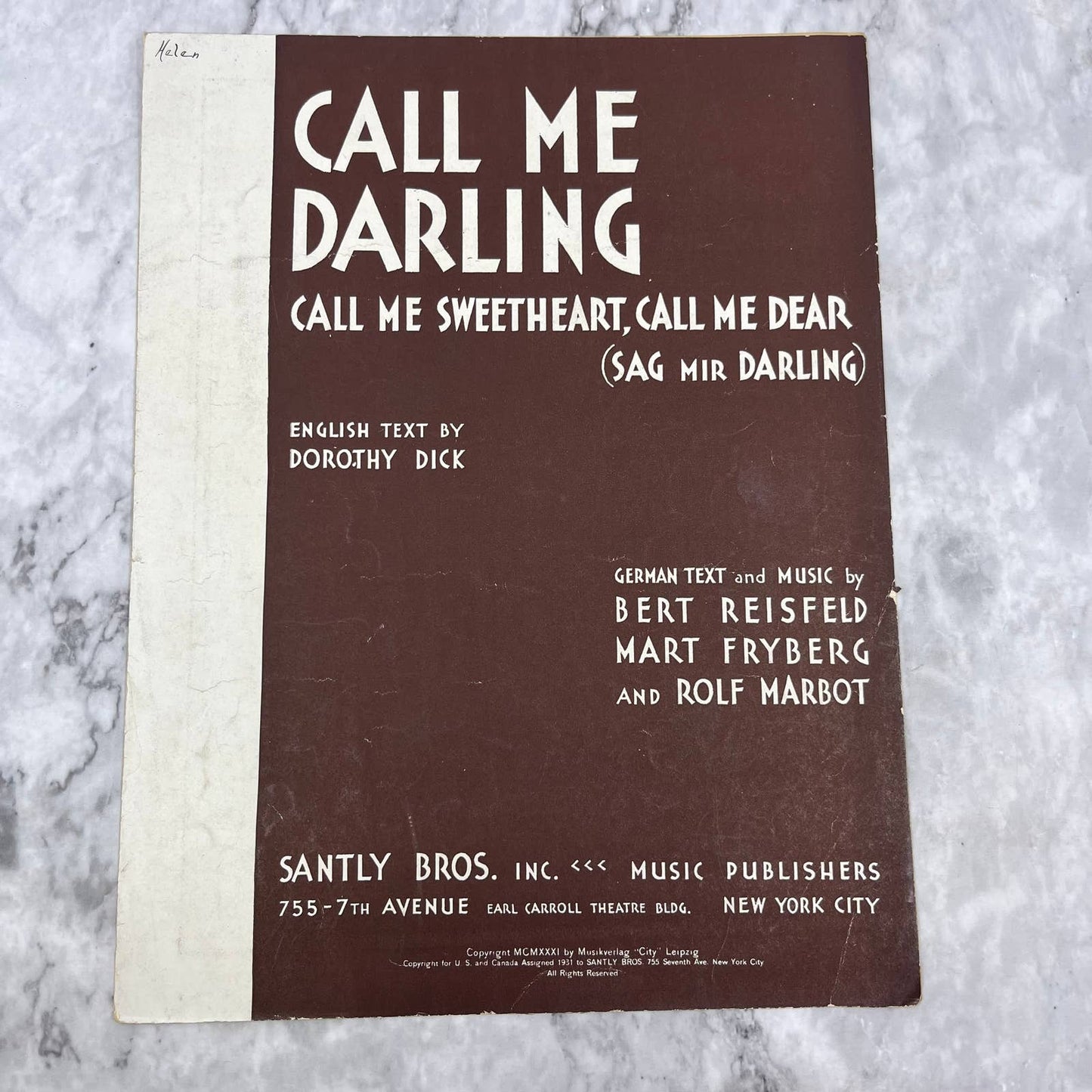 1931 CALL ME DARLING (Call Me Sweetheart) Sheet Music by Reisfeld TH1