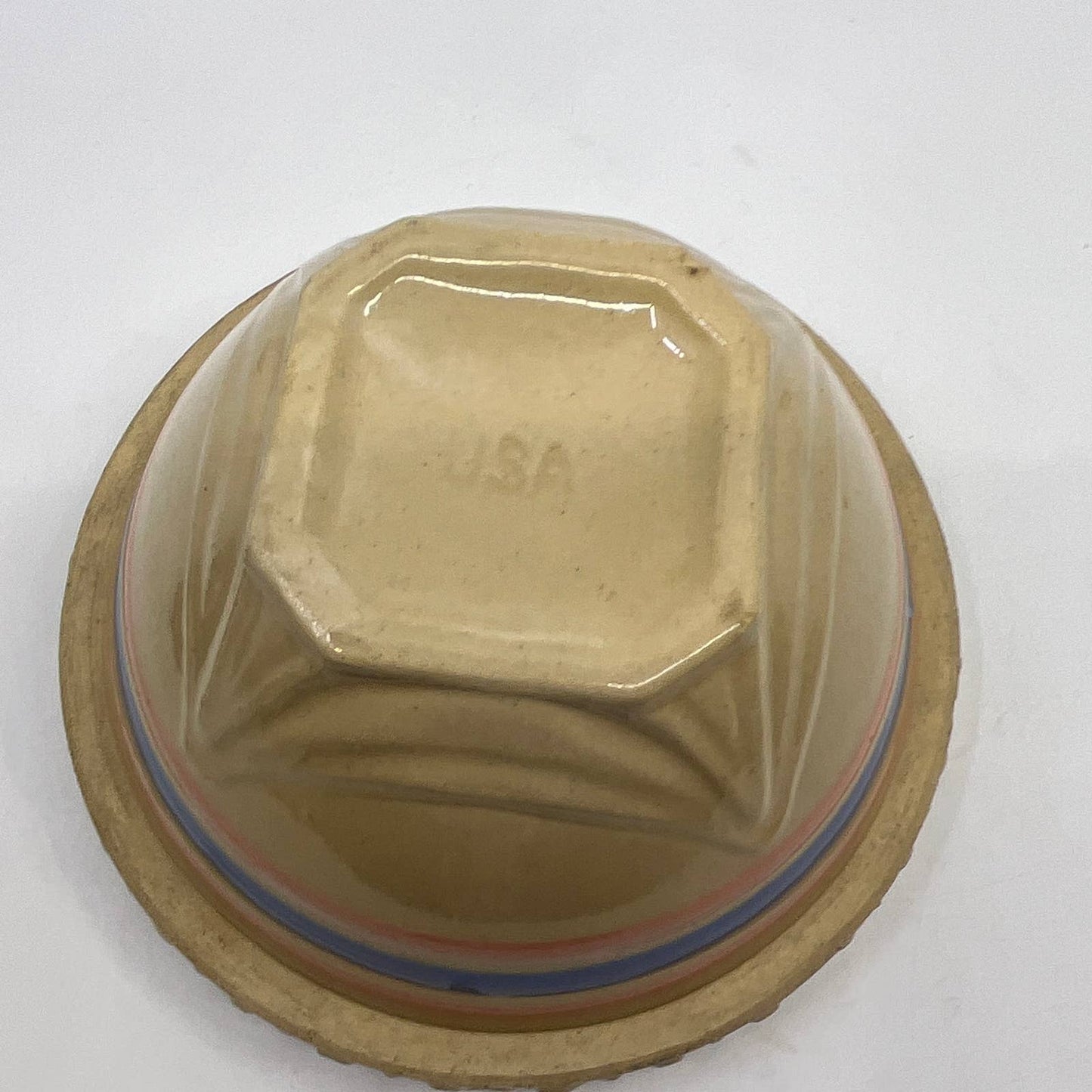 Vintage McCoy Yellow Ware Blue Pink Striped Mixing Bowl 6” Pie Crust Rim TH5
