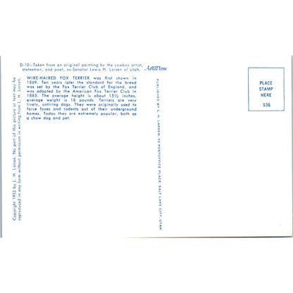 Lewis H. Larsen 1953 Wire Haired Fox Terrier Painting Original Postcard TK1-27