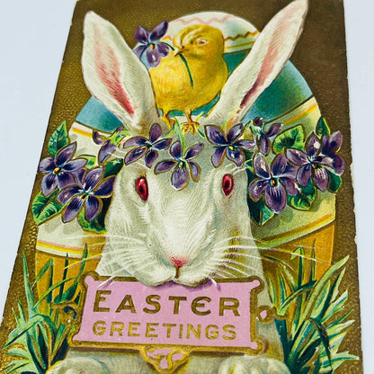 1910s Easter Post Card Embossed Chick Bunny Rabbit Violets Dresden Egg PA5