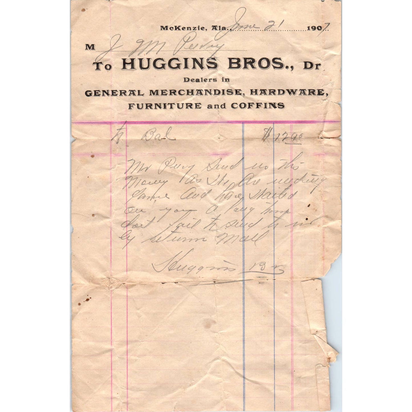 1907 Letterhead Billhead Huggins Brothers Dry Goods McKenzie AL AD6-2