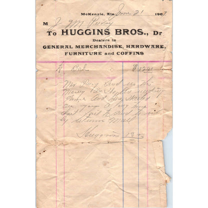 1907 Letterhead Billhead Huggins Brothers Dry Goods McKenzie AL AD6-2