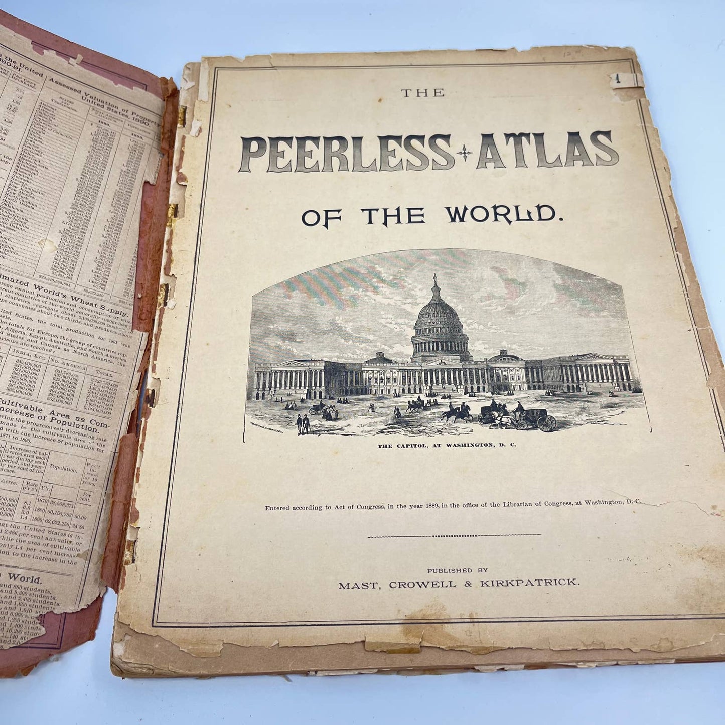 ANTIQUE 1894 PEERLESS ATLAS w Fold Out MAPS OF THE UNITED STATES & THE WORLD FL3