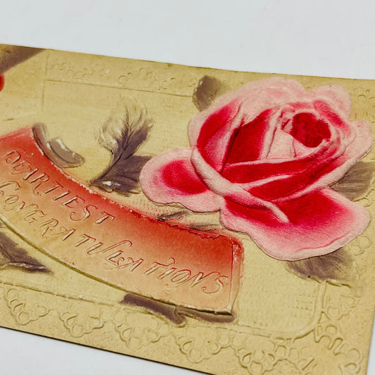 1910s Post Card Embossed Airbrushed Silk Rose Congratulations PA6