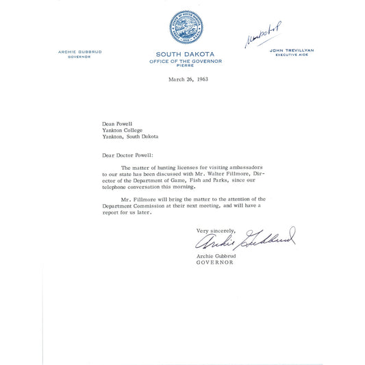 Official South Dakota Governor Letterhead Signed Archie Gubbrud Mar 1963 B15