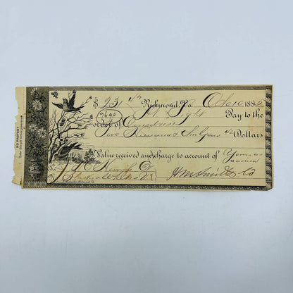 1885 Bank Check Engraved Birds BB French Bookseller Richmond VA AA5