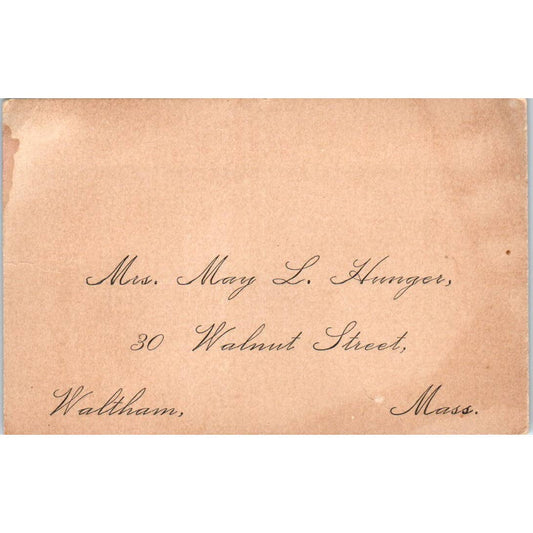 Mary L. Hunger 30 Walnut St. Waltham MA c1880 Victorian Calling Card TK2-CC