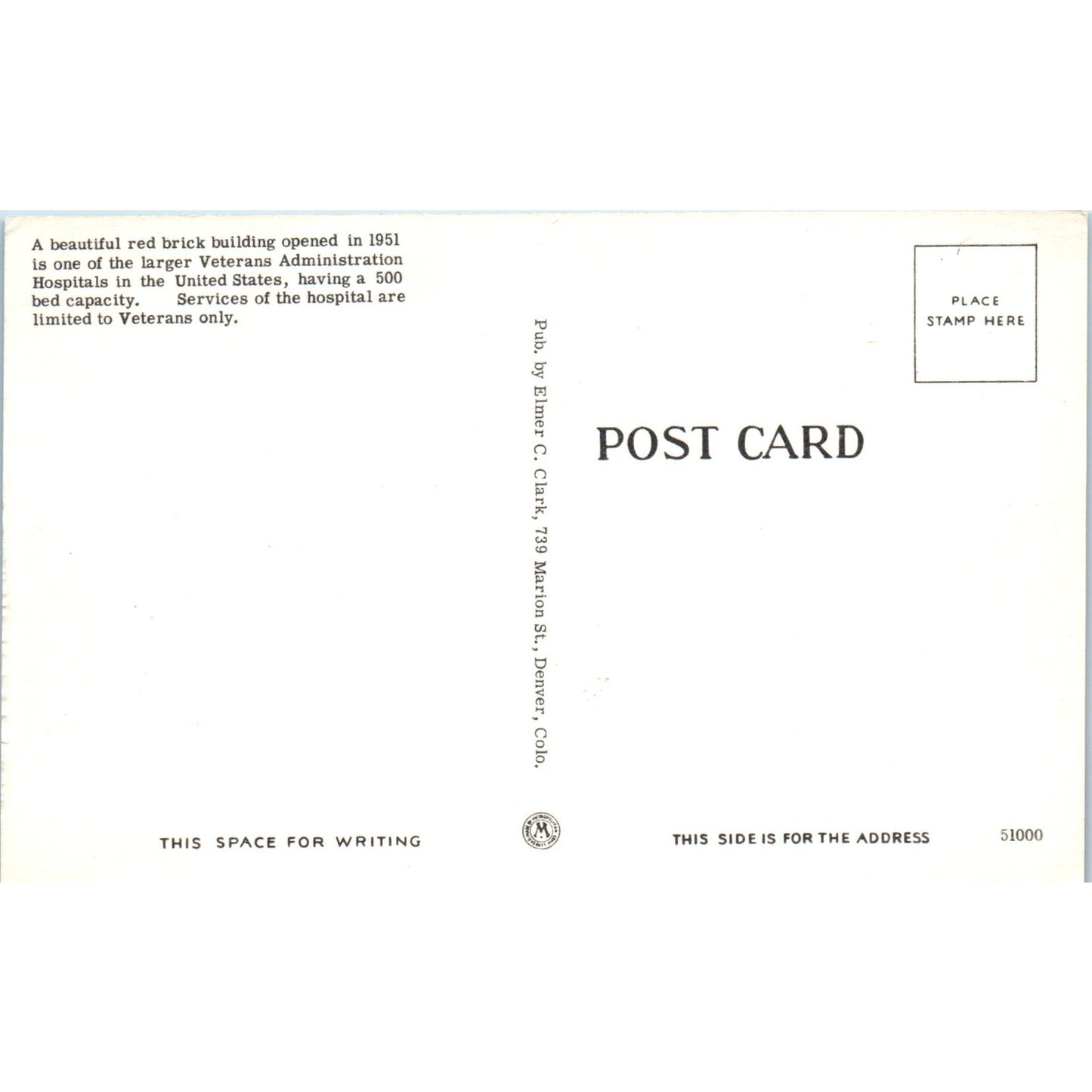 Veterans Administration Hospital Denver Colorado Original Postcard P1-13