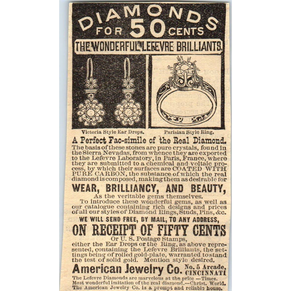 1878 Magazine Ad - Lefevre Diamonds American Jewelry Co Cincinnati OH SF2