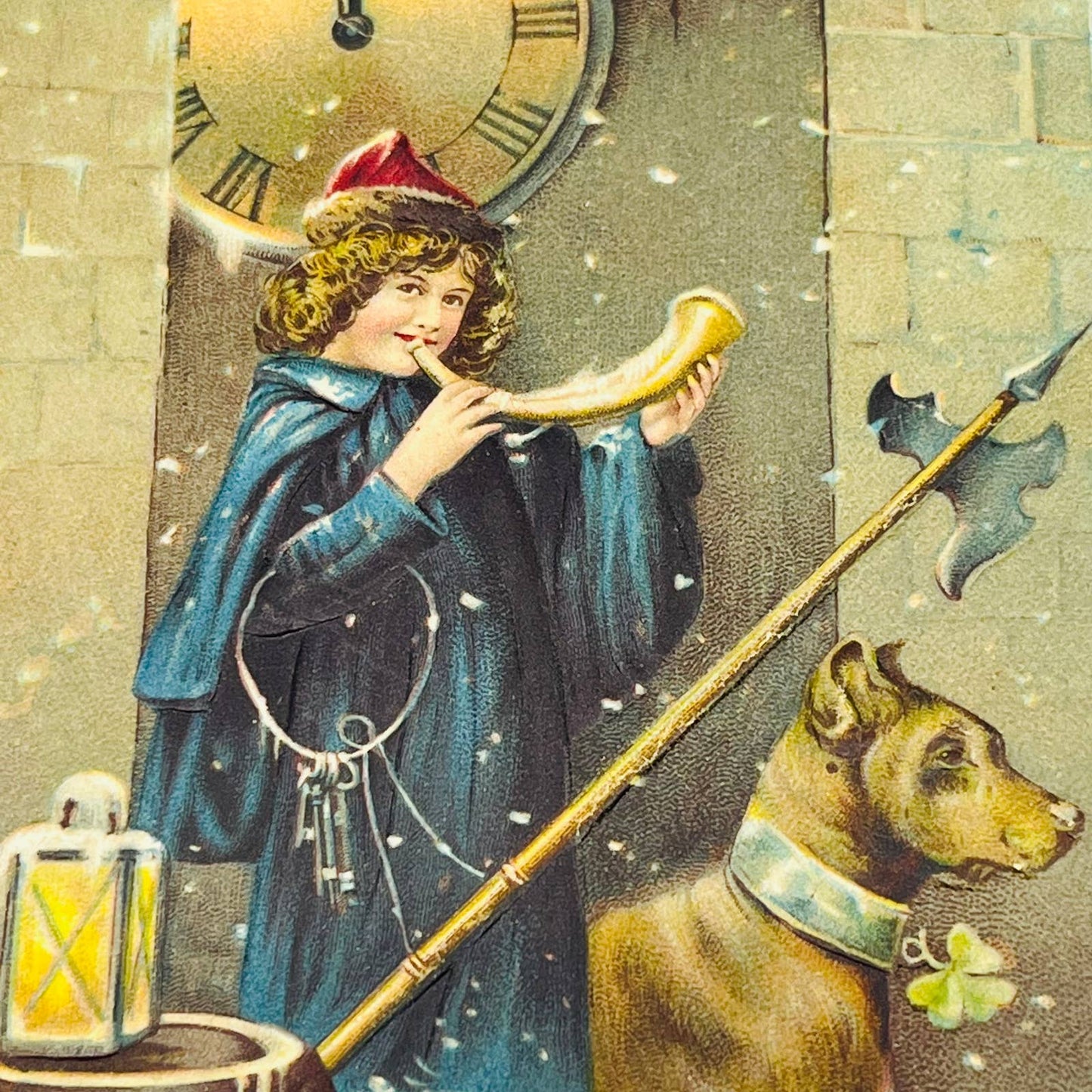 1910s Christmas New Year’s Post Card Embossed Great Dane Dog Trumpet Clock PA3