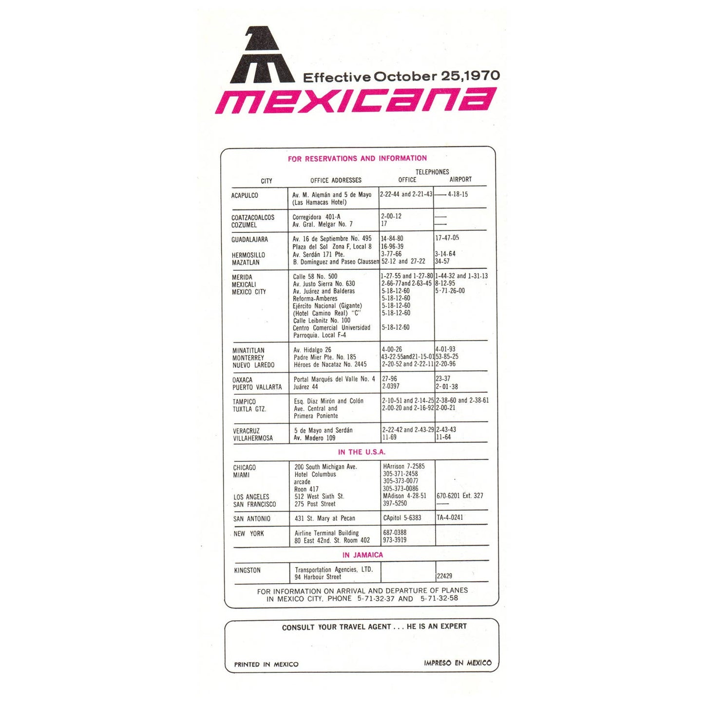 1970 Mexicana Airline Schedules and Fares Timetable Fold Out Brochure SE4