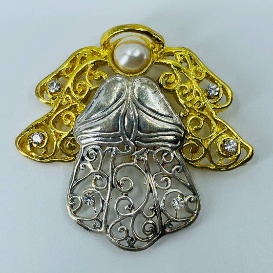 Vintage Gold and Silver Tone Rhinestone Christmas Angel Pin Brooch SB2