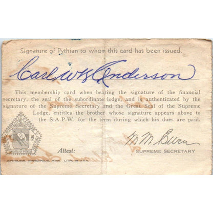 1952 Taylor Lodge 93 Knights of Pythias Membership Card Carl W.K. Anderson SE5