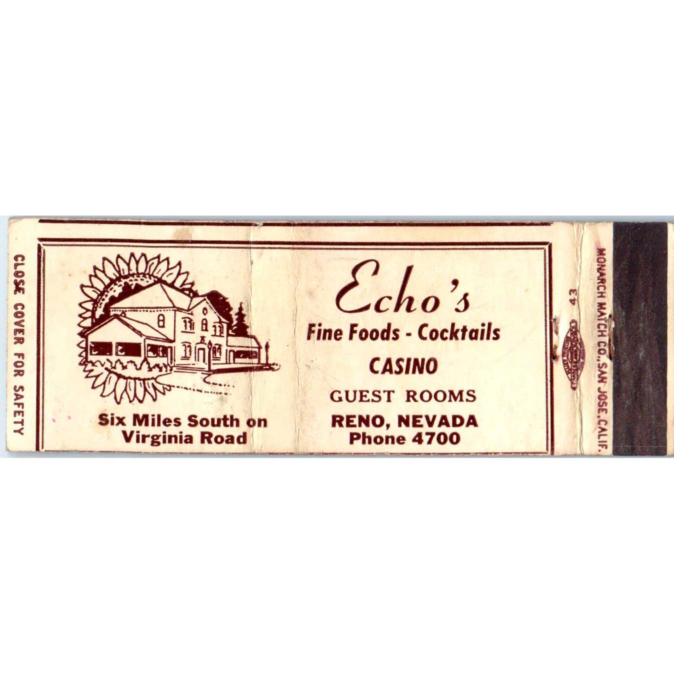 Echo's Restaurant Motel Reno Nevada Advertising Matchbook Cover SA1-M8