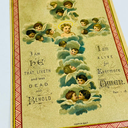 1880s Victorian Holy Prayer Card Revelations 1:18 Angels Cherubs AA3