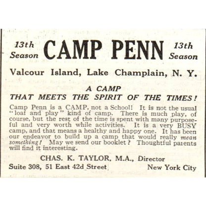 c1920 Harper's Magazine Ad - Camp TPenn Valcour Island Lake Champlain NY EA3