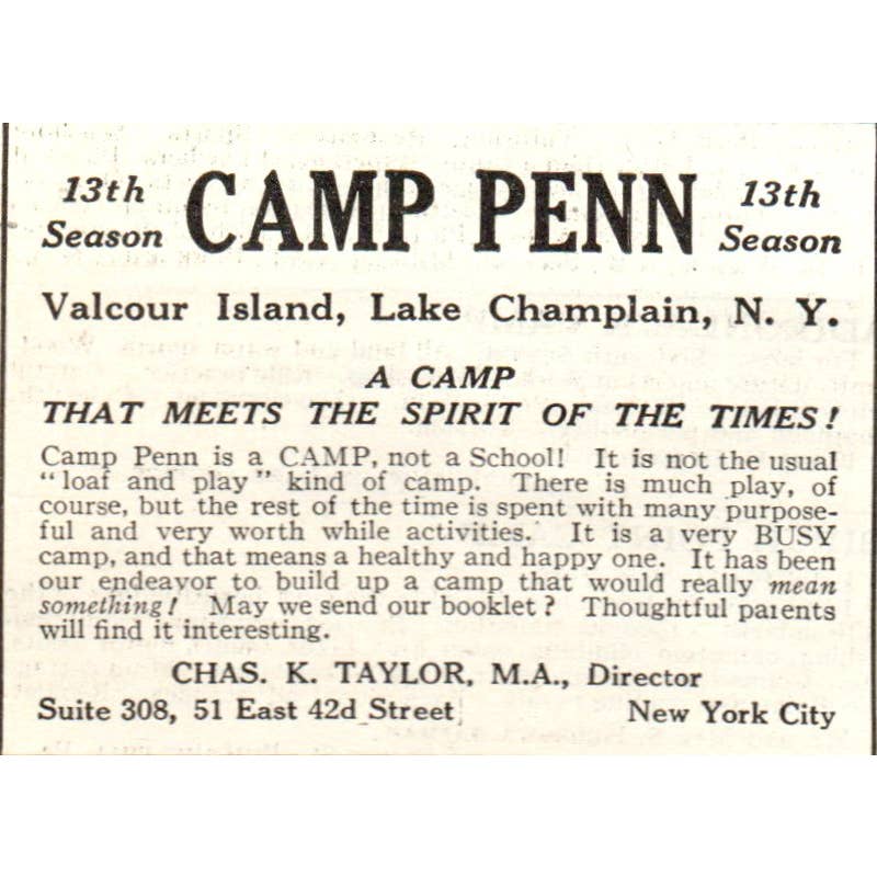 c1920 Harper's Magazine Ad - Camp Penn Valcour Island Lake Champlain NY EA3