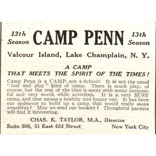 c1920 Harper's Magazine Ad - Camp Penn Valcour Island Lake Champlain NY EA3