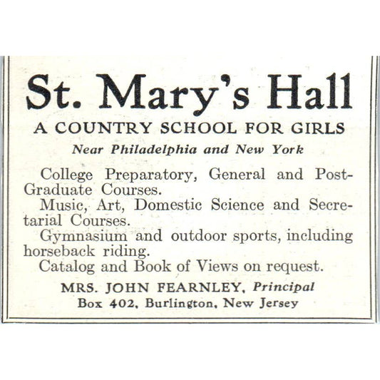 c1920 Harper's Ad - St. Mary's Hall Country School for Girls John Fearnley EA3-2