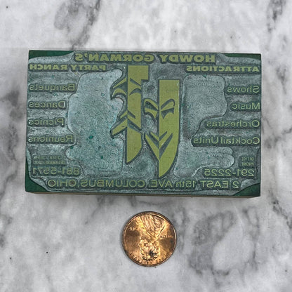 VTG Letterpress Printers Block Plate Howdy Gorman's Party Ranch Columbus OH TJ55
