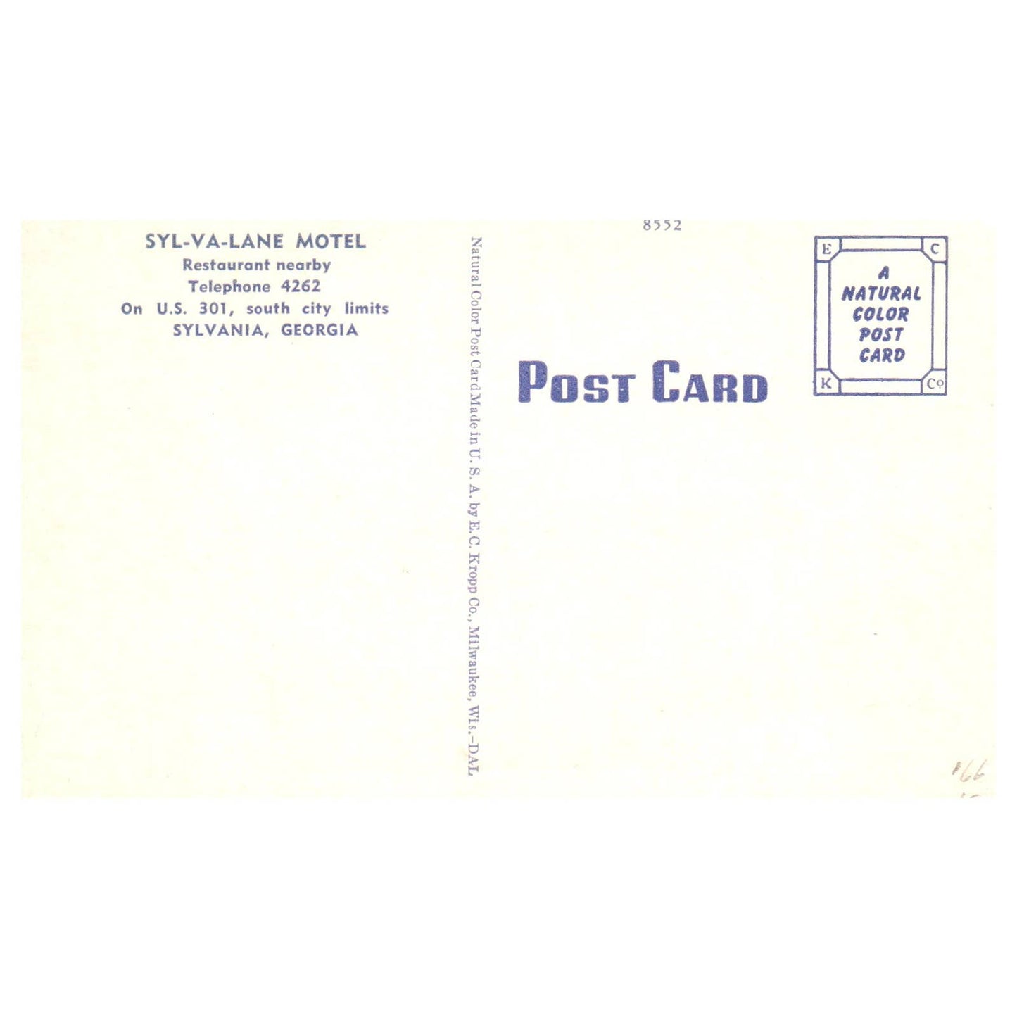 SYL-VA-LANE Motel Sylvania Georgia - Postcard TJ8-1