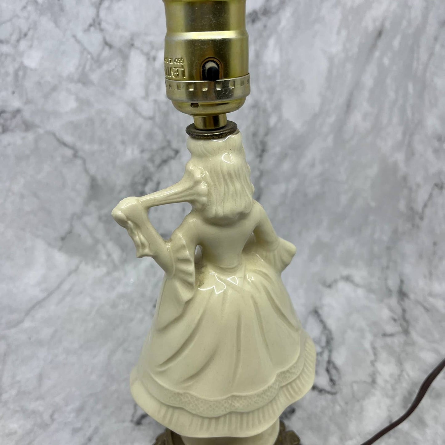 Antique Italian Bisque Porcelain Lamp & Shade Victorian Lady w/ Hoop Dress WORKS
