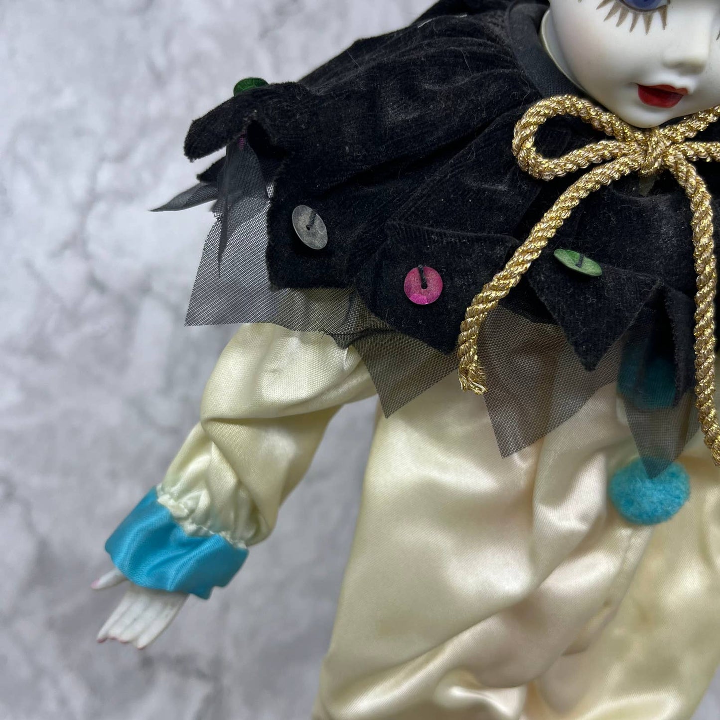 Music Automata Doll Sankyo Madam Verte Gorham Harlequin Pierrot 17”