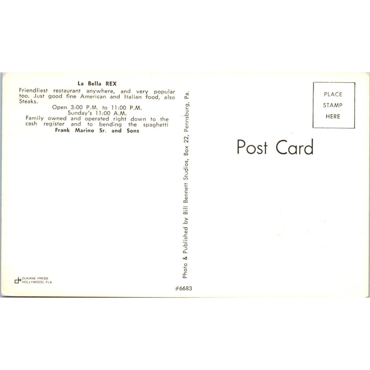 Vintage Postcard La Bella Rex Italian Restaurant Pennsburg PA TD8-P2