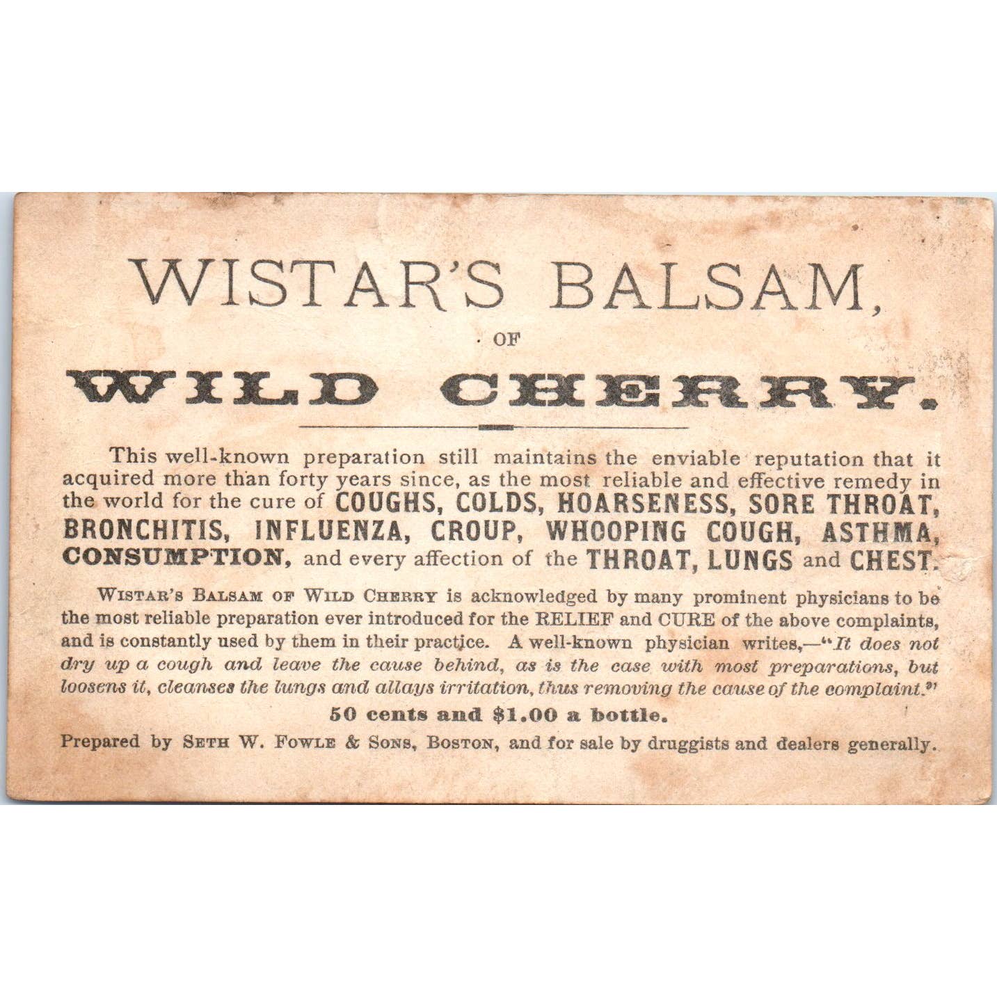 1880s Victorian Trade Card Wistar's Balsam of Wild Cherry Cough Medicine SE8