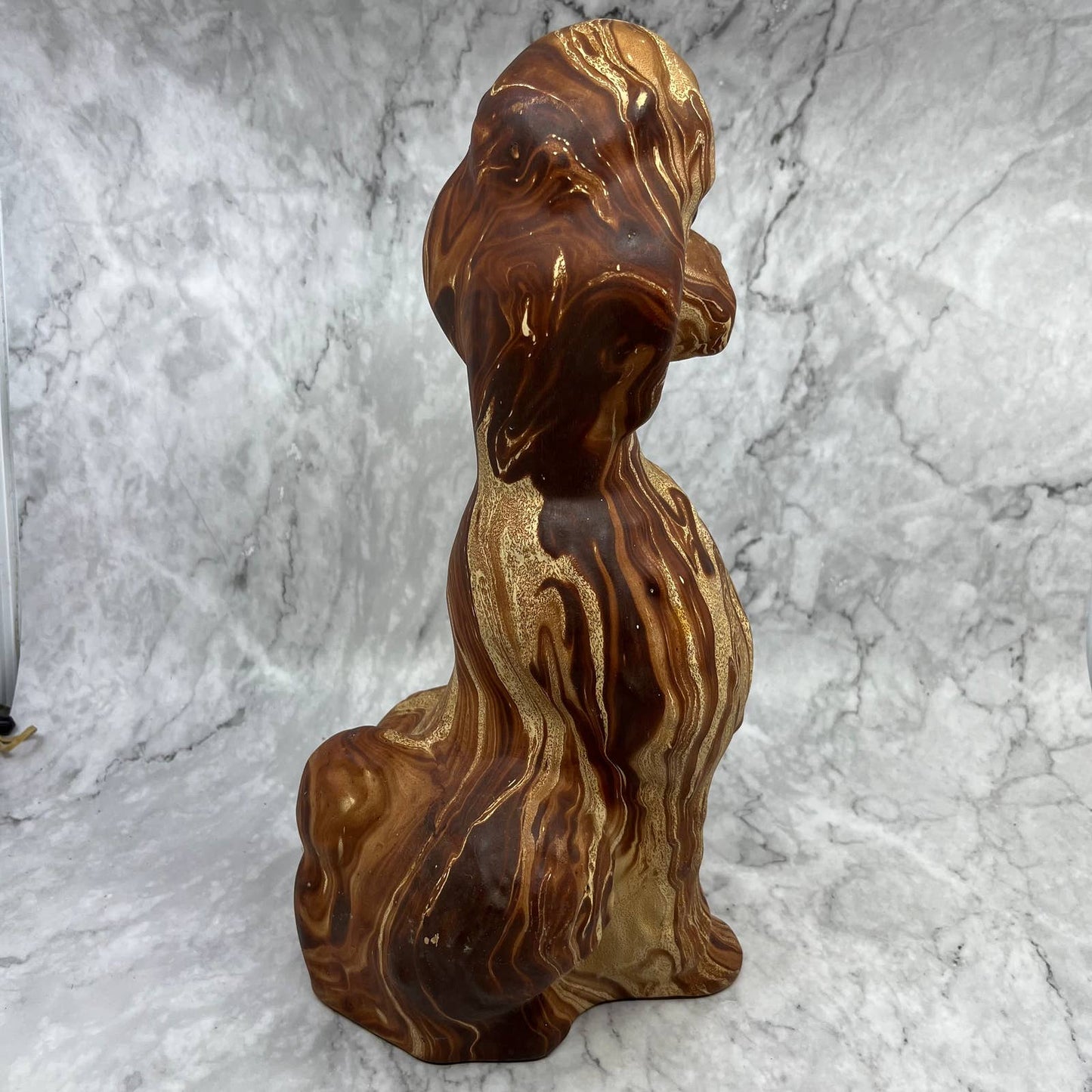 Vintage Pottery Poodle Dog Sculpture 14” Brown Swirl Orange Eyes TJ2-2