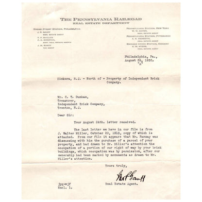 1932 The Pennsylvania Railroad RR Real Estate Department Letterhead Memo AD8