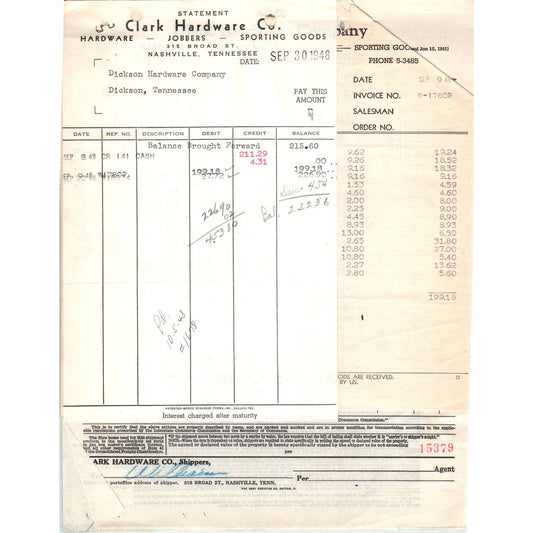 1948 Clark Hardware Co Billhead Set Nashville TN AD5-2