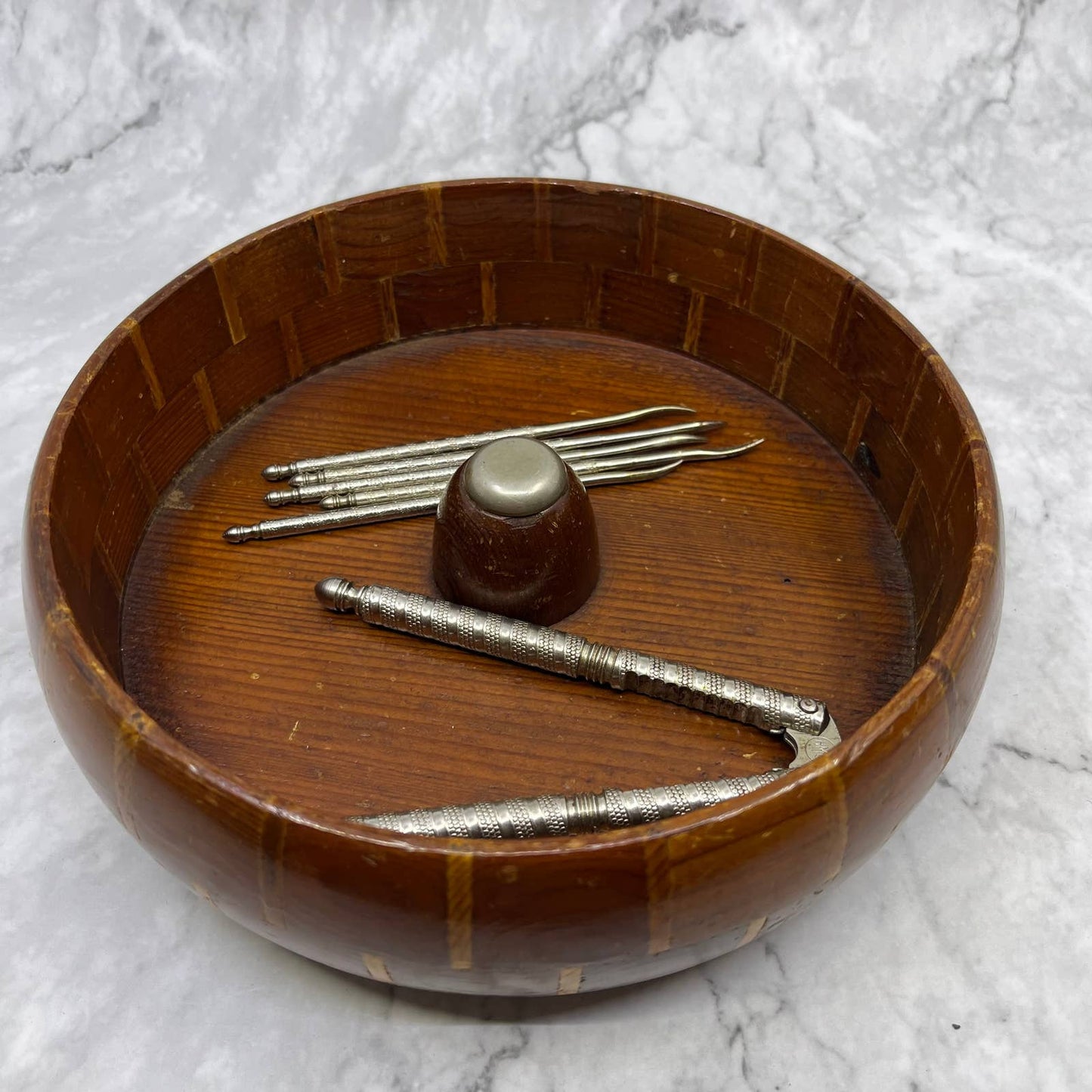 Vtg Handmade Standard Specialty Co San Francisco Redwood Nut Dish & Tools TE3