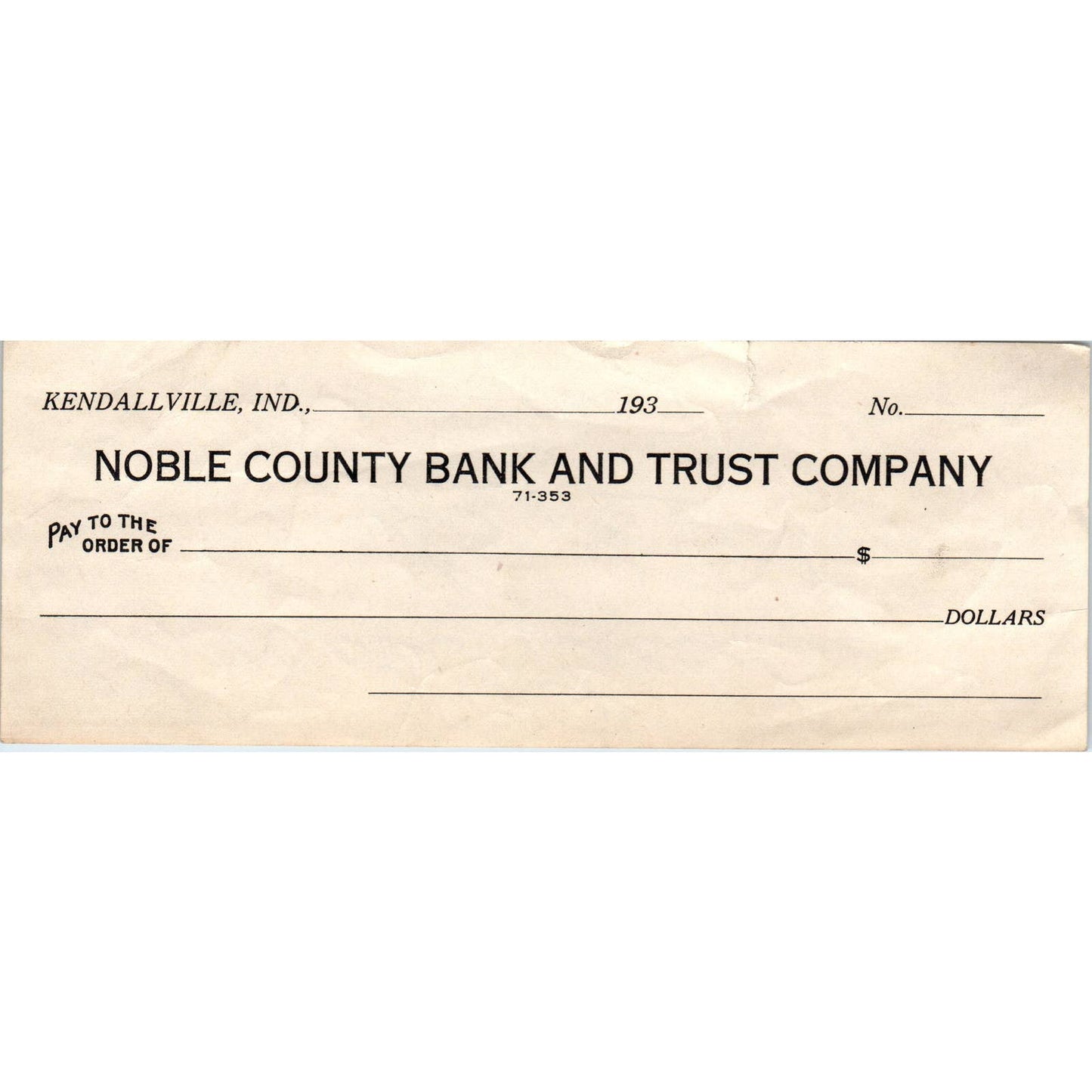 1930s The Noble County Bank Check Kendallville IN AD8